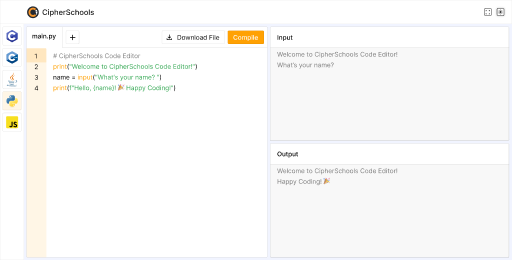 Python Programming Online Compiler | CipherSchools